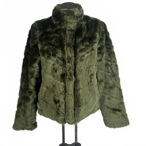 Forever 21 Olive Green Faux Fur Long Sleeves Stand Collar Coat Womens Large